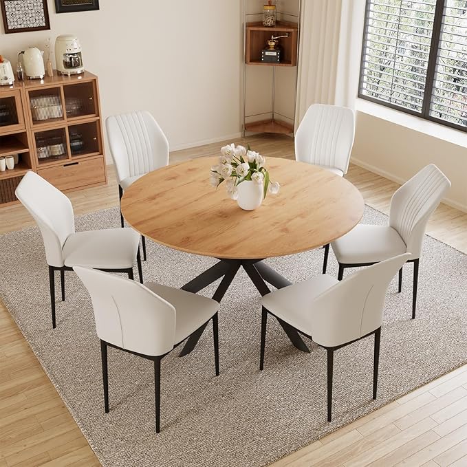 43.2"-59.1" Extendable Round Dining Table Set, Kitchen Table for 4-6 Person with Scratch-Resistant Thickened MDF Board, Oak Coffee Table w/Metal Legs