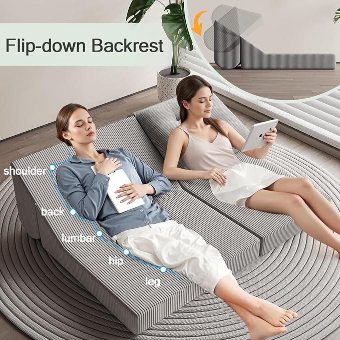 COMAX Folding Sofa Bed, 8-in-1 Foldable Floor Couch Corduroy Convertible Futon Sofa, Fold Out Chair Bed Sleeper Mattress Comfy Portable Lounge Loveseat Guest for Living Room Bedroom, Light Grey