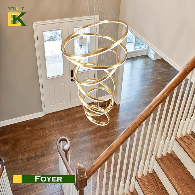 7 Rings Modern LED Chandelier Gold Dimmable Large Foyer Chandeliers Entryway High Ceiling for Staircase, High Ceiling Pendant Lights for Entryway Living Room, 3000K-6500K CCT