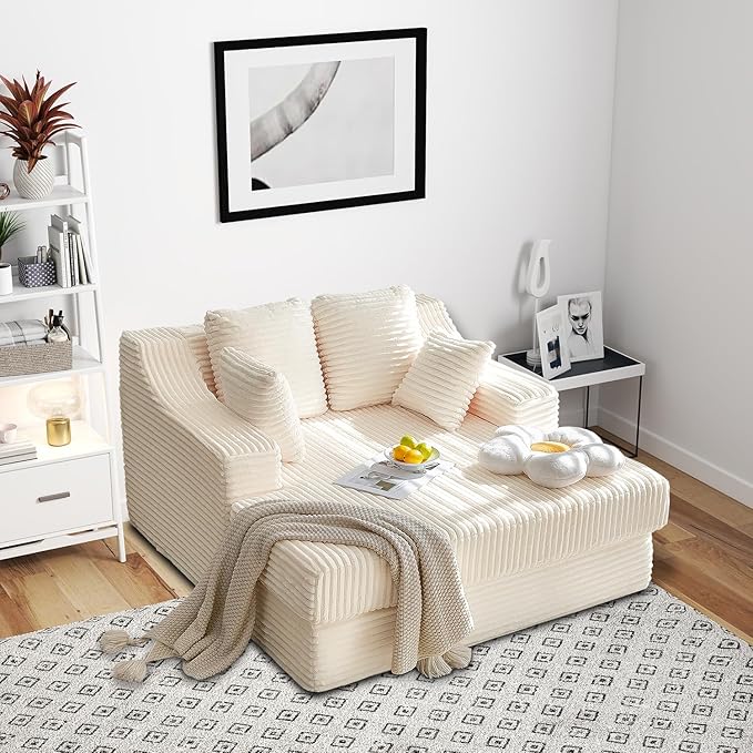 55 Inch Chaise Lounge Indoor - Oversized Chaise Lounge with 4 Throw Pillows and Armrets, Upholstered Plush Sofa Bed, Corduroy Lazy Chair Bed, Sleeper Chair for Living Room or Bedroom, Beige