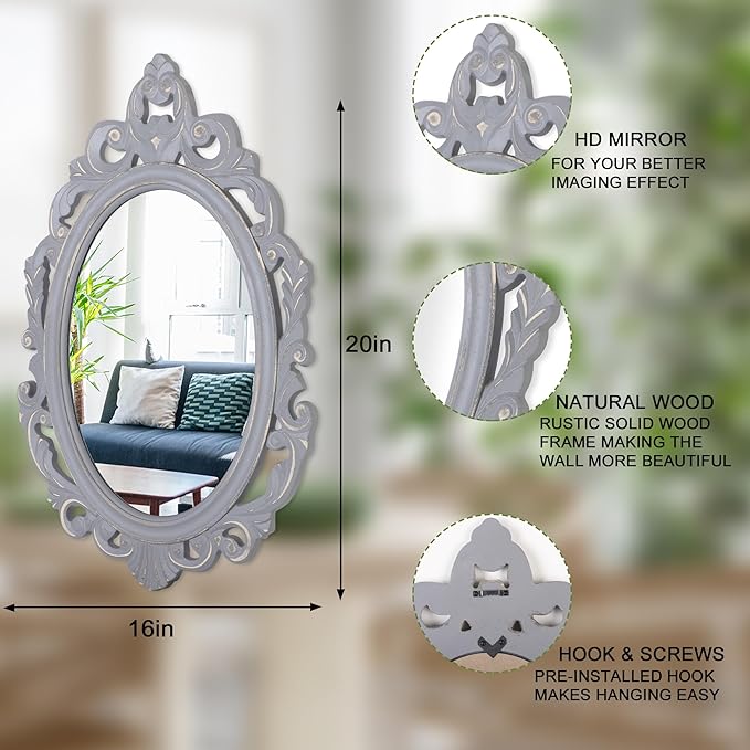 Oval Wooden Frame Vintage Wall Mirror Baroque Style Carved Hanging Mirror for Wall Decorative Arendahl Traditional Antique Mirror Aesthetic for Bedroom Living Room Kitchen Entryway Vanity