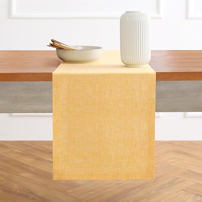 Solino Home Linen Small Table Runner 48 Inches - Athena, 100% Pure Linen Chambray Mustard Yellow Table Runner 14 x 48 Inch Ideal for Dresser and Coffee Tables