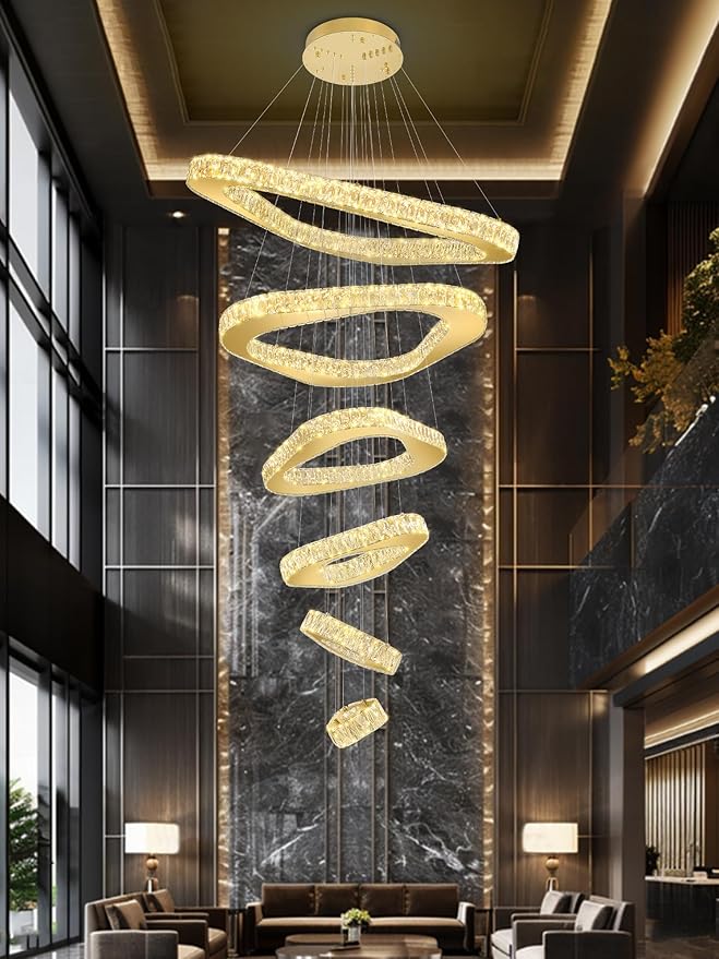 Modern Crystal Chandeliers for High Ceiling 6 Ring Chandelier LED Gold Ceilings Lights Fixtures High Ceiling Chandelier for Foyer Staircase Living Room Dining Room 2700K-6000K