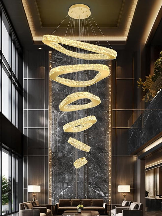 Modern Crystal Chandeliers for High Ceiling 6 Ring Chandelier LED Gold Ceilings Lights Fixtures High Ceiling Chandelier for Foyer Staircase Living Room Dining Room 2700K-6000K