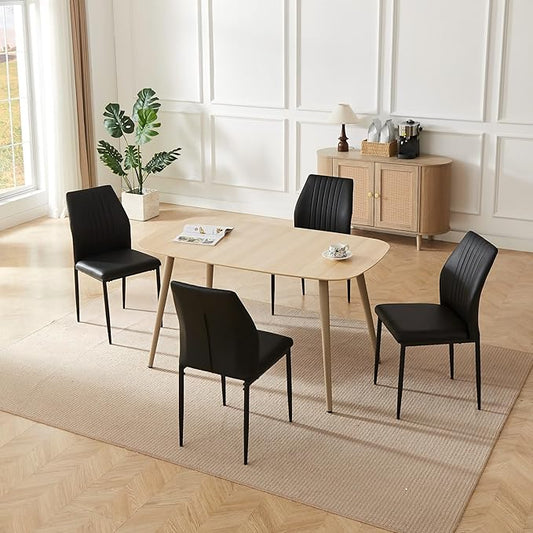 Modern 4-Piece Dining Table Set with Leather Chairs | 55.1 Inch Wood Kitchen Table & 4 Black Leather Seats | Space-Saving Durable Furniture for Small Spaces, Dining Room, Breakfast Nook
