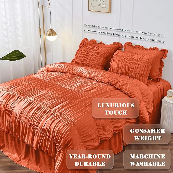 Bonlino Queen Comforter Set Coral Bedding - Ruched Comforter Queen Size Bed Set Boho Shabby Chic Comforter Fluffy 3 Piece Ruffle Comforter Set with Pillow Girl Bedding Soft