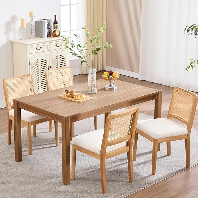 LukeAlon Farmhouse Rattan Dining Chairs Set of 6, Mid Century Modern Chenille Kitchen & Dining Chairs with Solid Wood Legs, Woven Cane Upholstered Kitchen Chairs Side Chairs for Dining Room, White