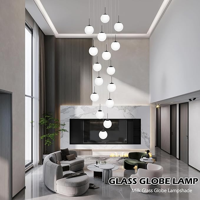 KoKo&Yukina 16-Light Black Mid Century Modern Chandelier for Living Room Staircase Chandelier for Entryway Globe Milky White Glass Pendant Light High Ceiling Chandeliers Foyer (Bulb & Remote Incl.)
