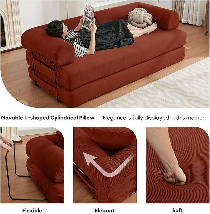 Convertible Sleeper Sofa Bed with Cylindrical Pillow, Corduroy Folding Boneless Couch with Fixed-Shape Frame, Floor Sofa Lounge Couch for Living Room Bedroom Lounge Studio-Ancora Red