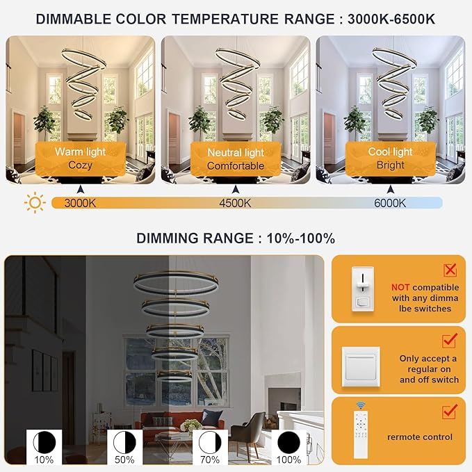 5-Rings Modern LED Chandelier Black Gold Dimmable Large High Ceiling Chandeliers Foyer, Remote Pendant Lighting for Foyer Entryway Dining Room Living Room Staircase(10-Ring Lighting, D29.5)