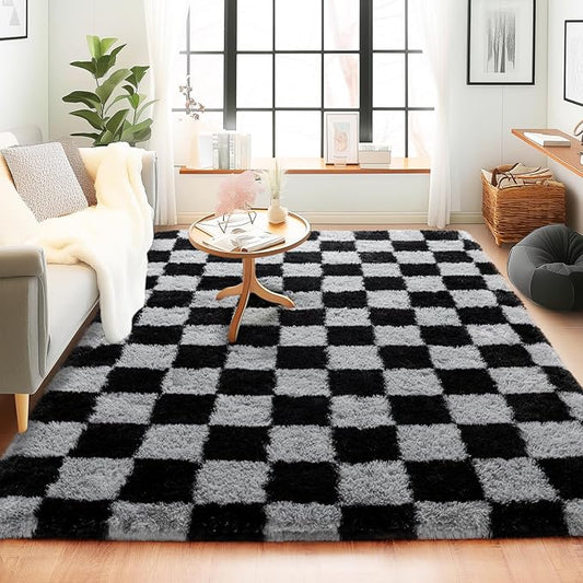 Checkered Rugs for Bedroom, 4x6 Black and Grey Ultra Fluffy Fuzzy Shag Area Rug for Living Room, Modern Plush Soft Upgrade Non-Slip Carpet for Kids Girls and Boys Room Dorm Nursery Home Decor
