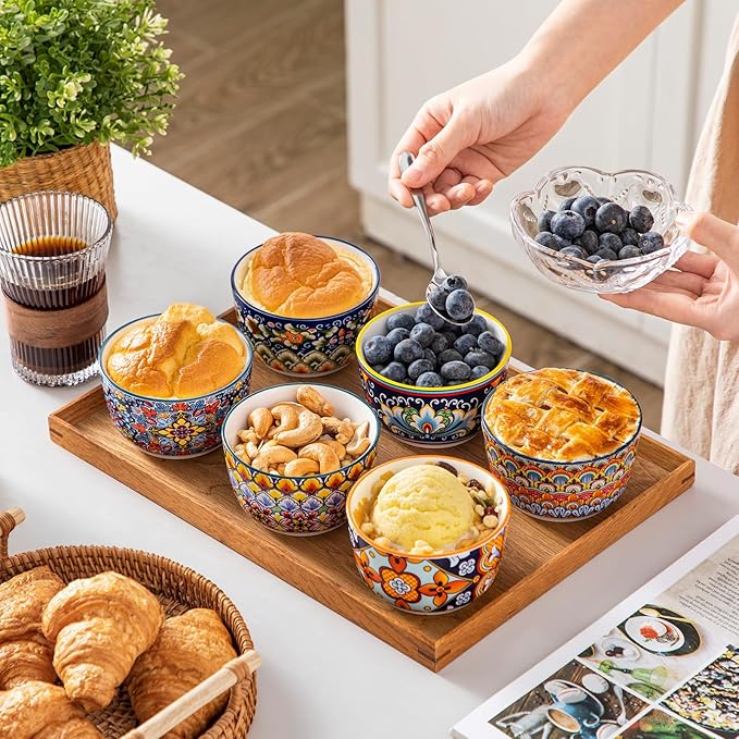 vancasso 8 Oz Ramekins Oven Safe Set of 6, Bohemian Creme Brulee Ramekins, Colorful Souffle Dishes, Pudding Custard Cups for Baking, Small Ceramic Bowls for Snacks, Ice Cream