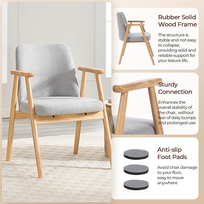 Mid Century Modern Living Room Accent Chair Comfy Reading Armchair with Solid Wood Legs, Soft Seat, Line Fabric for Bedroom, Office, Vanity (Line LightGray)