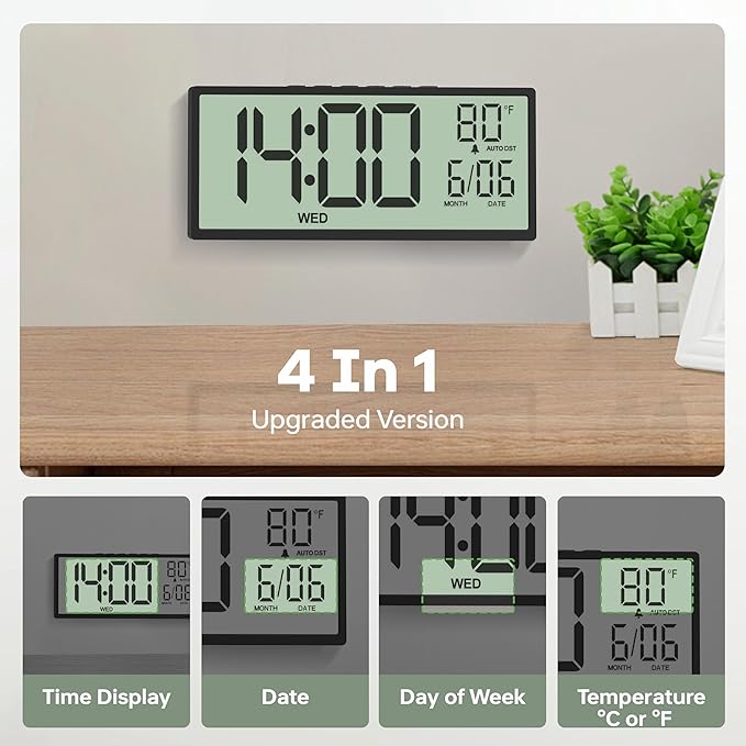 JALL 14.5" Large Digital Wall Clock Battery Operated with Big Digits LCD Screen Display, Day, Date, Alarm, Auto DST, Temperature for Living Room, Bedroom, Desk Decor, Mounted, Gift for Elderly