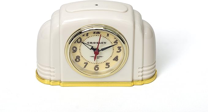 Crosley Vintage Art Deco Analog Alarm Clock, Quiet Sweep Non-Ticking, Automatic Dimmable Smart Light, Simple Controls, (Ivory)*
