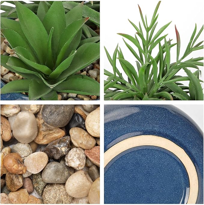 Hollyone Large Artificial Succulents Plants with Blue Vase Faux Succulents Fake Succulent Potted Plant in Ceramic Pot for Home Decor Office Desk Bathroom Living Room Indoor & Outdoor Decorations