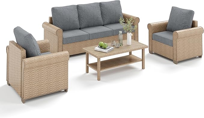 Patio Furniture Set 4 pcs, Wicker Outdoor Patio Furniture, 3-Seat Sofa, 2 Single Chairs and Coffee Table, Rattan Patio Conversation Set for Backyard Deck, Grey