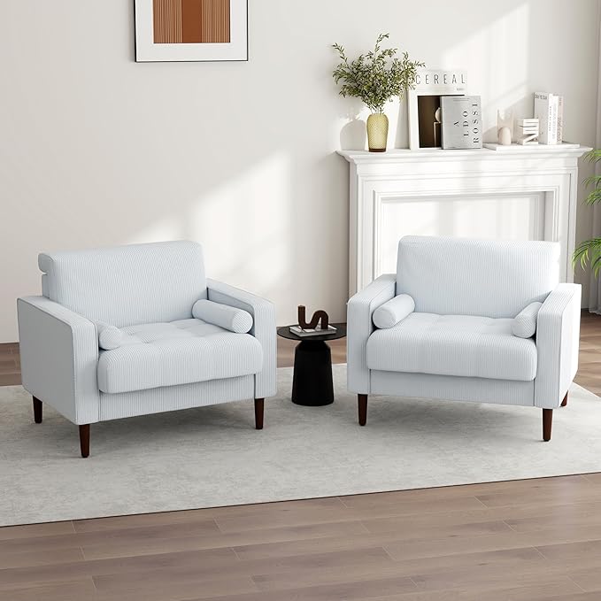 UIXE Corduroy Accent Chairs Set of 2, Modern Upholstered Living Room Arm Chair Comfy Bedroom Reading Armchair with Bolster Pillows, Mid-Century Track Armrest Tufted Single Sofa Seat (Beige)