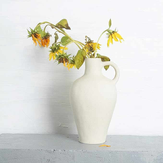 BlossoME Antique Ceramic White Vase for Home Decor, Stoneware Jug for Room Centerpiece, Rustic, Farmhouse and Vintage Pottery Gifts, Matte, with Handle-Height 10”