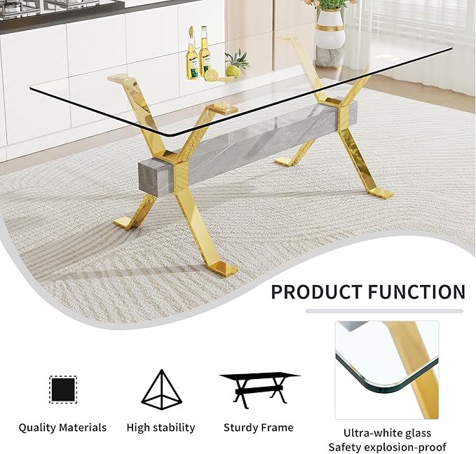 7 Piece Glass Dining Table Set, 79" Modern Dining Table Set for 6, 0.5" Thick Tempered Glass Tabletop with Silver Chrome Metal Legs and Grey Crossbar, 6 PU Chairs for Dining Room, Kitchen