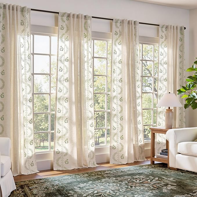 jinchan Belrose 4 Panel Curtains Set 84 Inch Length Floral Curtains Sage Green Embroidered Drapes Farmhouse Flower Patterned Drapes for Living Room Bedroom Window Treatments Set of 4