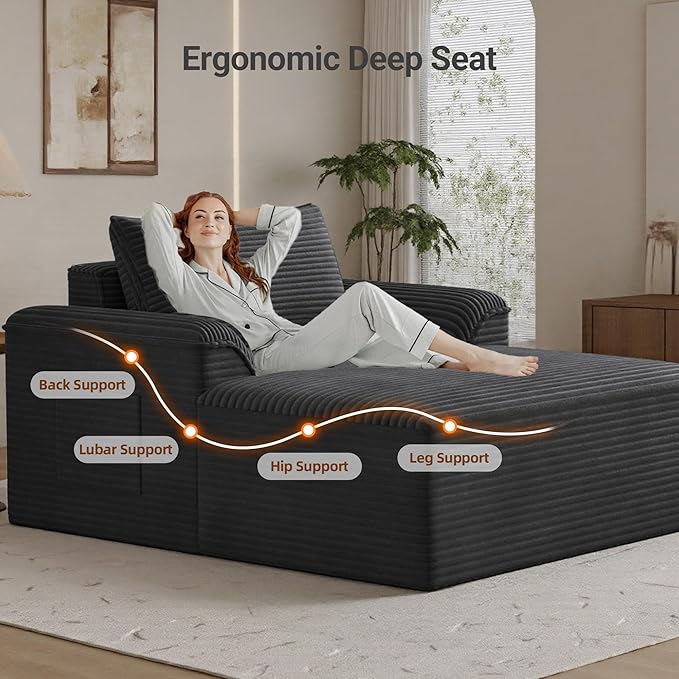Claiks 68" Oversized Chaise Lounge Chair Indoor, Corduroy Upholstered Boneless Sofa Bed, Deep Seat Sleeper Couch with Pillows and Armrest, Cloud Sofas Reading Chair for Living Room, Black