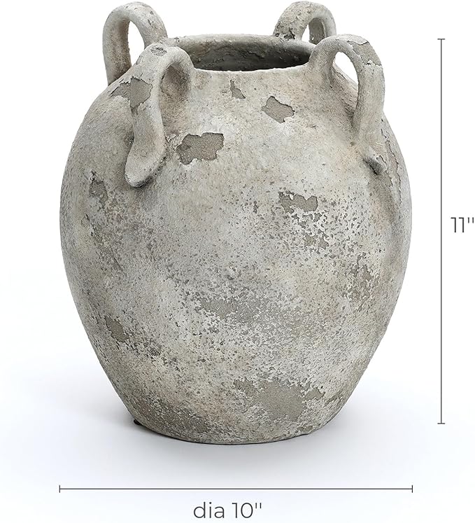 LuxenHome Rustic Ceramic Vase,11'' Gray and White Round Vase,Terracotta Large Flower Vases with Handles for Living Room Home Decor,Vintage Pottery Tall Vases Home Décor Accents