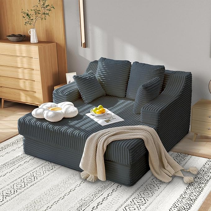 55 Inch Chaise Lounge Indoor - Oversized Chaise Lounge with 4 Throw Pillows and Armrets, Upholstered Plush Sofa Bed, Corduroy Lazy Chair Bed, Sleeper Chair for Living Room or Bedroom, Gray