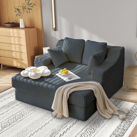 55 Inch Chaise Lounge Indoor - Oversized Chaise Lounge with 4 Throw Pillows and Armrets, Upholstered Plush Sofa Bed, Corduroy Lazy Chair Bed, Sleeper Chair for Living Room or Bedroom, Gray