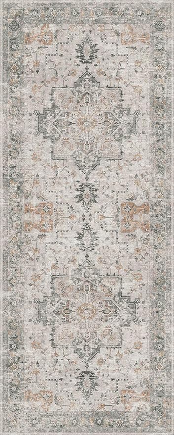 GENIMO 2'6''x18 Runner Rugs for Hallway, Machine Washable Non Slip Vintage Rugs, Low Pile Soft Chenille Print Rug for enrtyway, Corridor, Home Office,Light Taupe Brown