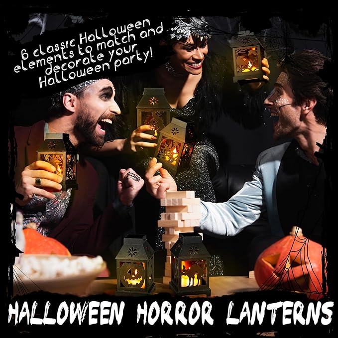 6 Pcs Halloween Mini Lantern with Flickering LED Candles 4.5 Inch Halloween Lantern Decoration Bulk Decorative Hanging Spooky Halloween Lanterns for Indoor Outdoor Party Halloween Decoration