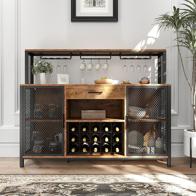 Wine Bar Cabinet with Drawer and LED Lights, 55 Inches Industry Coffee Bar Cabinet with Wine Rack and Glass Goblet Holder, Kitchen Sideboard Buffet Cabinet for Liquor and Goblet