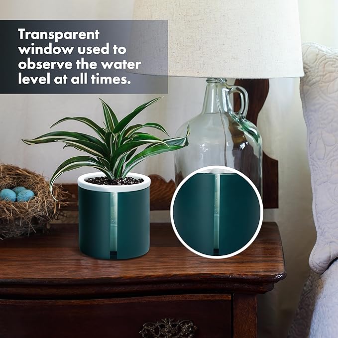 D'vine Dev 4 Inch Design Self Watering Planter for Indoor Plants, White Terracotta Pot with Teal Cylinder Glass Cup, Set of 2, 37-Y-A-5