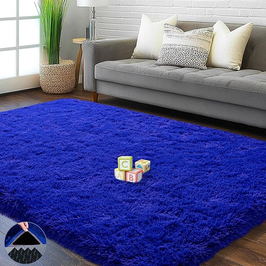 4x6 Area Rug for Bedroom, Blue Rugs for Living Room Nursery Kids Room Dorm Home Decor Aesthetic, Fluffy Shaggy Rug with 4 Anti-Slip Carpet Tapes, Navy Blue