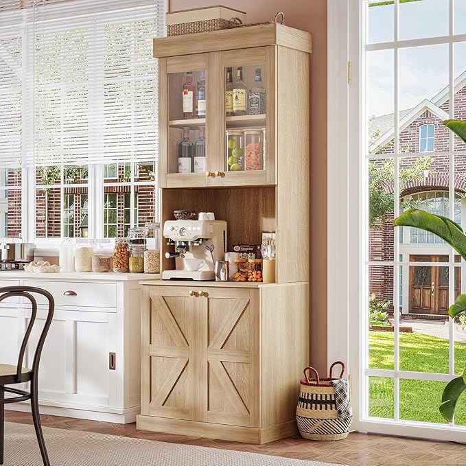 71" Farmhouse Kitchen Pantry, Rustic Brown Freestanding Coffee Bar Hutch with Microwave Stand, Storage Cabinet with Glass Doors, Drawers & Adjustable Shelves for Kitchen or Living Room, Set of 3