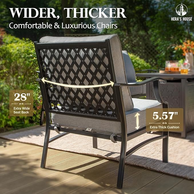 HERA'S HOUSE 6 Piece Patio Furniture Set, 4 x Fixed Metal Cushioned Chair, 1 x 3-Seat Sofa with Marbling Coffee Table, Outdoor Conversation Set for Lawn Garden Backyard Poolside, Grey