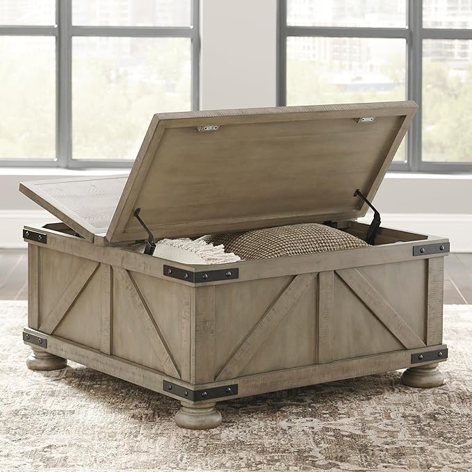 Signature Design by Ashley Aldwin Farmhouse Square Coffee Table with Lift Top for Storage, Grayish Brown