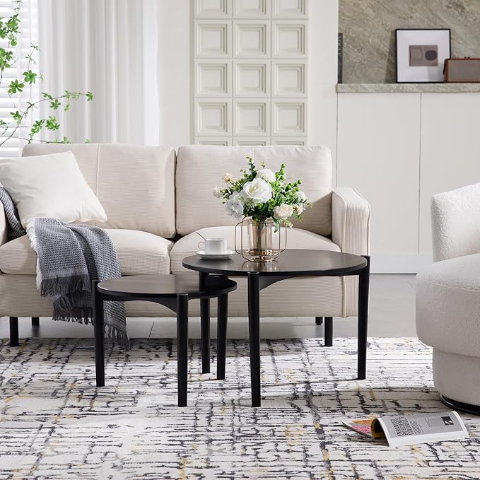 Wooden Round Modern Nesting Coffee Set of 2, Round End Table Side Table, Stacking Living Room Accent Tables for for Living Room Bedroom Balcony, Black