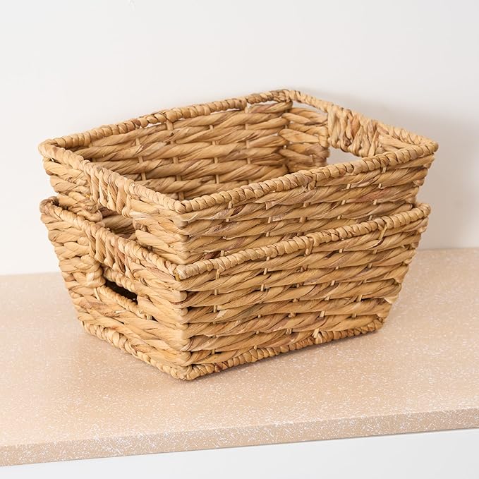 Isidore Water Hyacinth Storage Basket, Woven Rectangular Organizer for Kitchen and Bathroom, 12.2 x 9.4 x 5.1 inches, Natural Brown