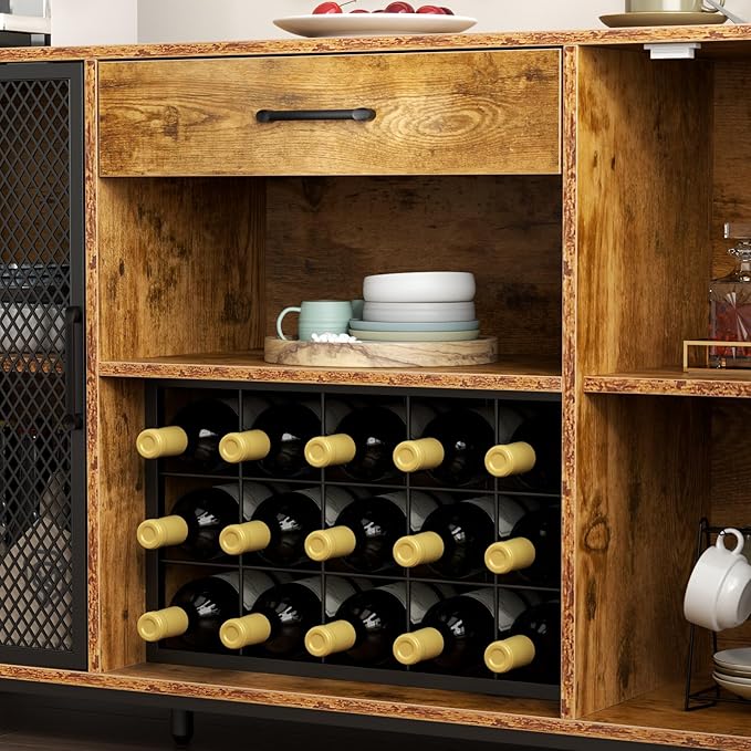 Wine Bar Cabinet with Drawer and LED Lights, 55 Inches Industry Coffee Bar Cabinet with Wine Rack and Glass Goblet Holder, Kitchen Sideboard Buffet Cabinet for Liquor and Goblet