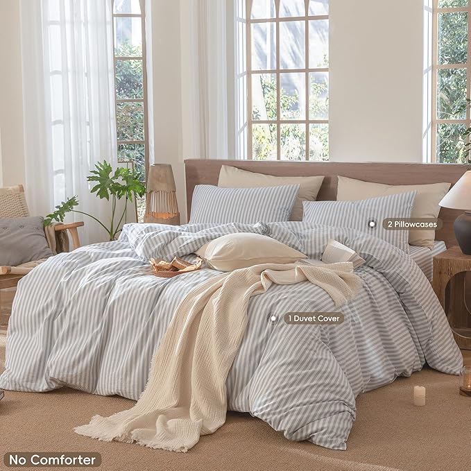 MooMee Striped Duvet Cover Set 100% Washed Cotton Linen Like Textured Breathable Durable Soft Comfy (Cornflower Blue White Classic Stripes, Full 80"x90")
