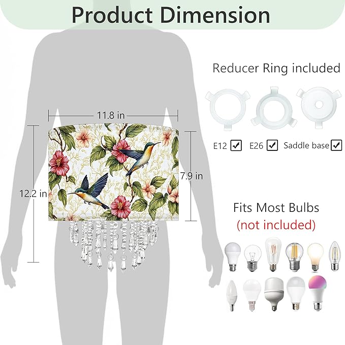 Star Vision Hummingbird Floral Drum Fabric Lampshade with Acrylic Beaded Droplets, Natural Botanical Light Shade for Pendant Table Wall & Floor Lamps, Garden-Themed Bedroom Living Room Entryway Décor