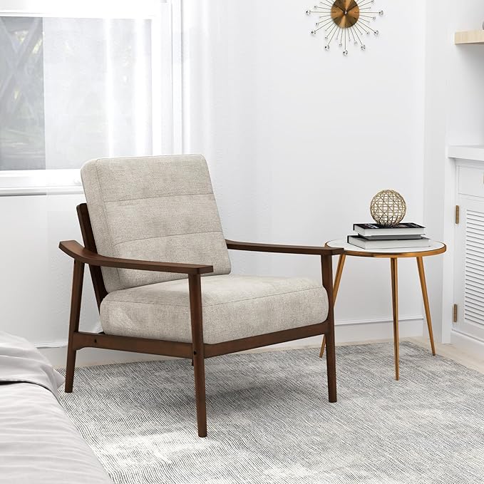 Giantex Mid Century Modern Accent Chair, Max Load 440 LBS Upholstered Living Room Chair with Rubber Wood Armrests & Legs, Removable Back Cushion, Comfy Reading Arm Chair for Living Room, Bedroom