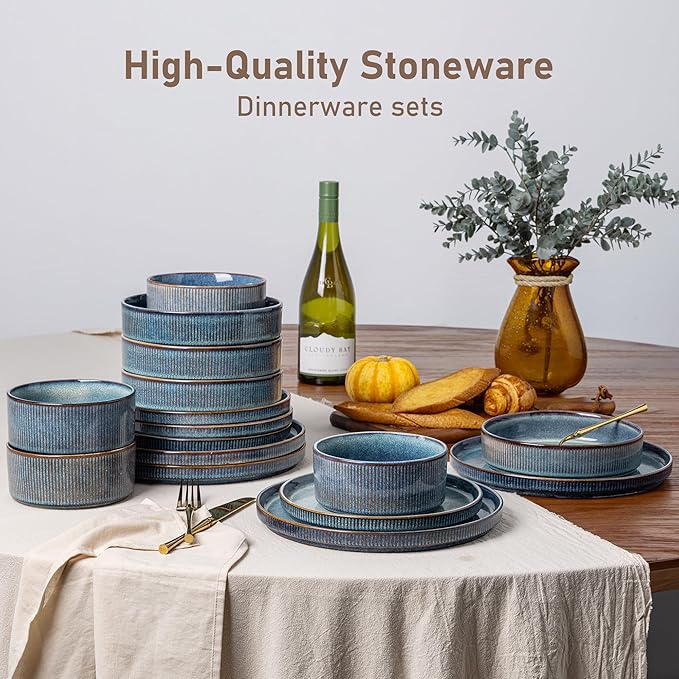 GBHOME Stoneware Dinnerware Sets for 8,Round Reactive Glaze Ceramic Plates and Bowls Set,Highly Scratch Resistant| Dishwasher & Microwave Safe Dishes Set,Service for 8(24Pcs)