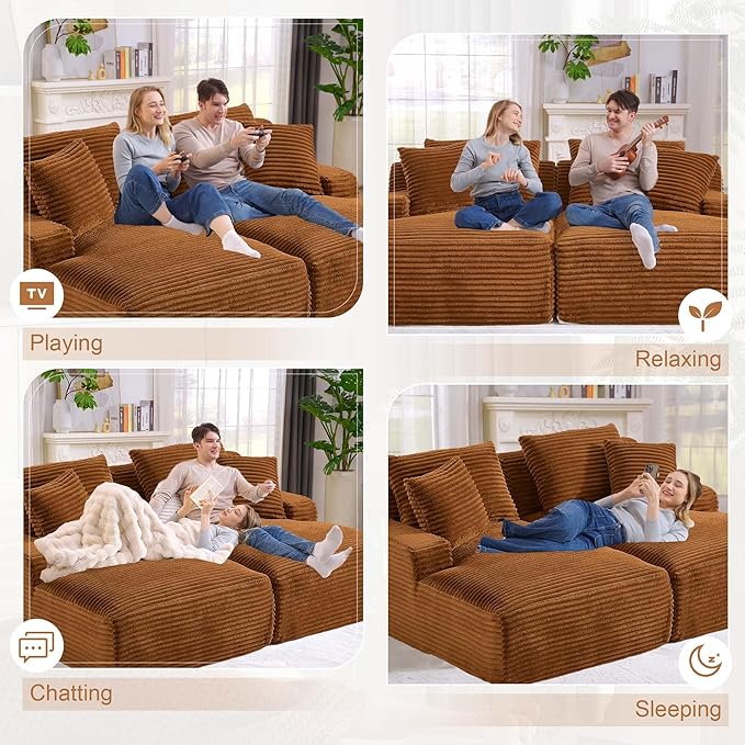 GNIXUU 78.8" Oversized Double Chaise Lounges Indoor, 2 Pieces Comfy Corduroy Chaise Lounge Chair Cloud Boneless Couch, Fluffy Upholstered Sleeper Loveseat Bed for Living Room Bedroom Reading(Orange)