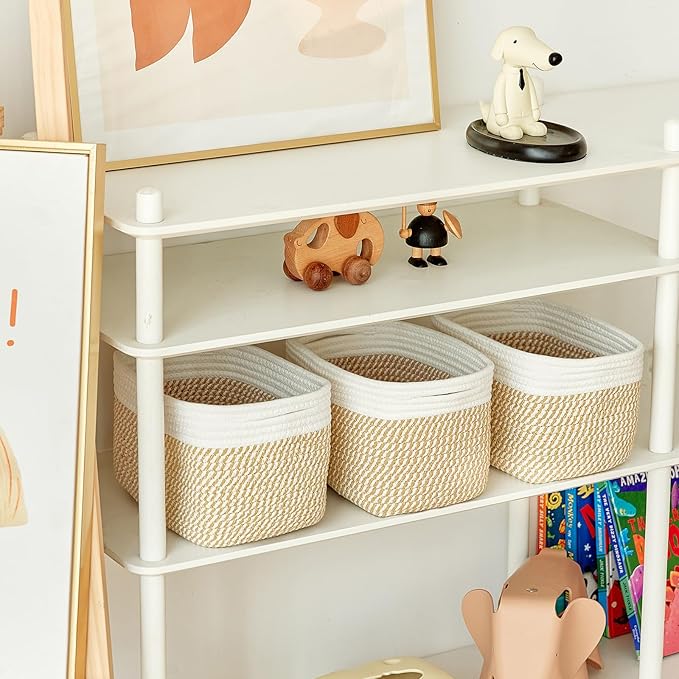 Small Cotton Rope Basket – Storage Bin for Organizing (10.6" x 6.7" x 6.7"), Bathroom Storage Basket for Shelf, Counter & Closet（White & Mixed Camel）