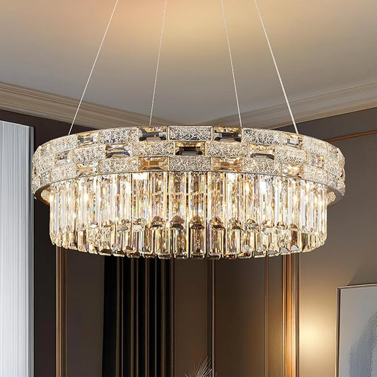 Morden Crystal Chandeliers for Dining Room 8 Lights Gold Chandelier Round Crystal Chandelier Pendant Light Fixture Kitchen Island Entryway Living Room 23" D x 8.7" H