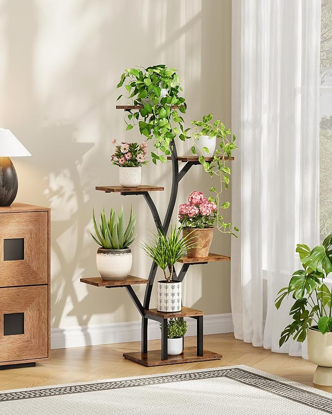 Plant Stand Indoor with Grow Light, 7-Tier Flower Plant Holder, 46.5” Tall Corner Plant Display Rack, Dimmable Grow Light with Timer, for Living Room, Balcony, Patio, Rustic Brown and Black TCJ40DBF