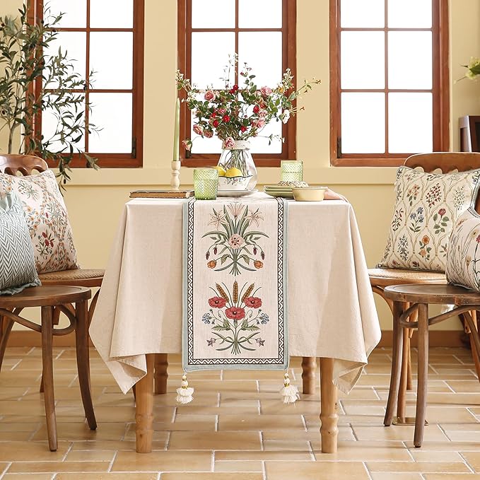 Designer French Country Linen Table Runner 87 Inches Long,Elegant Colorful Floral Pattern Table Runners for Dining Tables,Thanksgiving,Christmas,Kitchen Decor,12"*87"-Serenity F