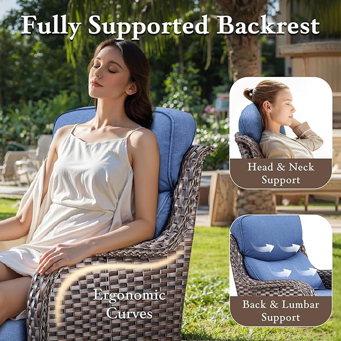 Luxury High Back Outdoor Furniture with 6-inch Extra Thick Cushions, Patio Furniture Set with Swivel Chairs, 5 PCS Wicker Conversation Set for Yard, Patio, Deck, Poolside, Brown/Blue